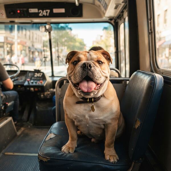 Meatball, a fawn bulldog with a big grin, sitting in the front seat of a bus