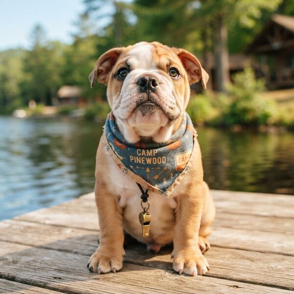 Tater Tot, a young bulldog in a camp bandana sitting on a lakeside dock