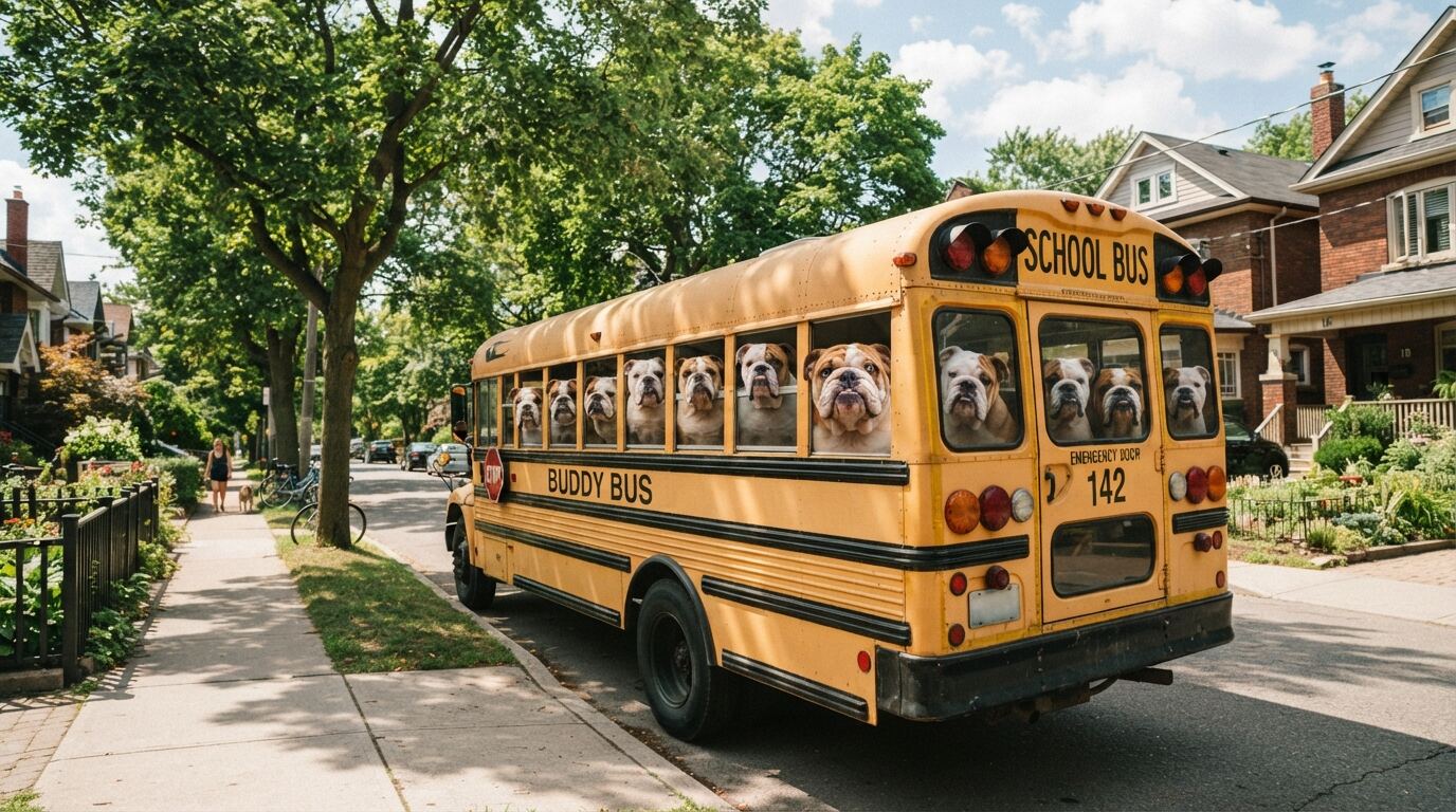 A yellow school bus on a leafy street with a bulldog looking out of every window